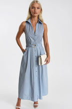 Belt Detail Polo Collar Düğmeli Blue Maxi Dress
