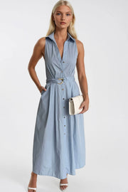 Belt Detail Polo Neck Buttoned Blue Maxi Dress