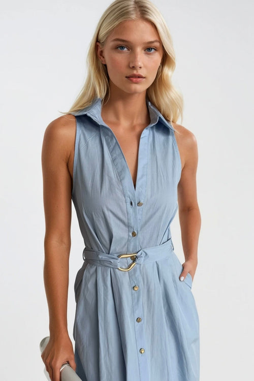 Belt Detail Polo Collar Düğmeli Blue Maxi Dress