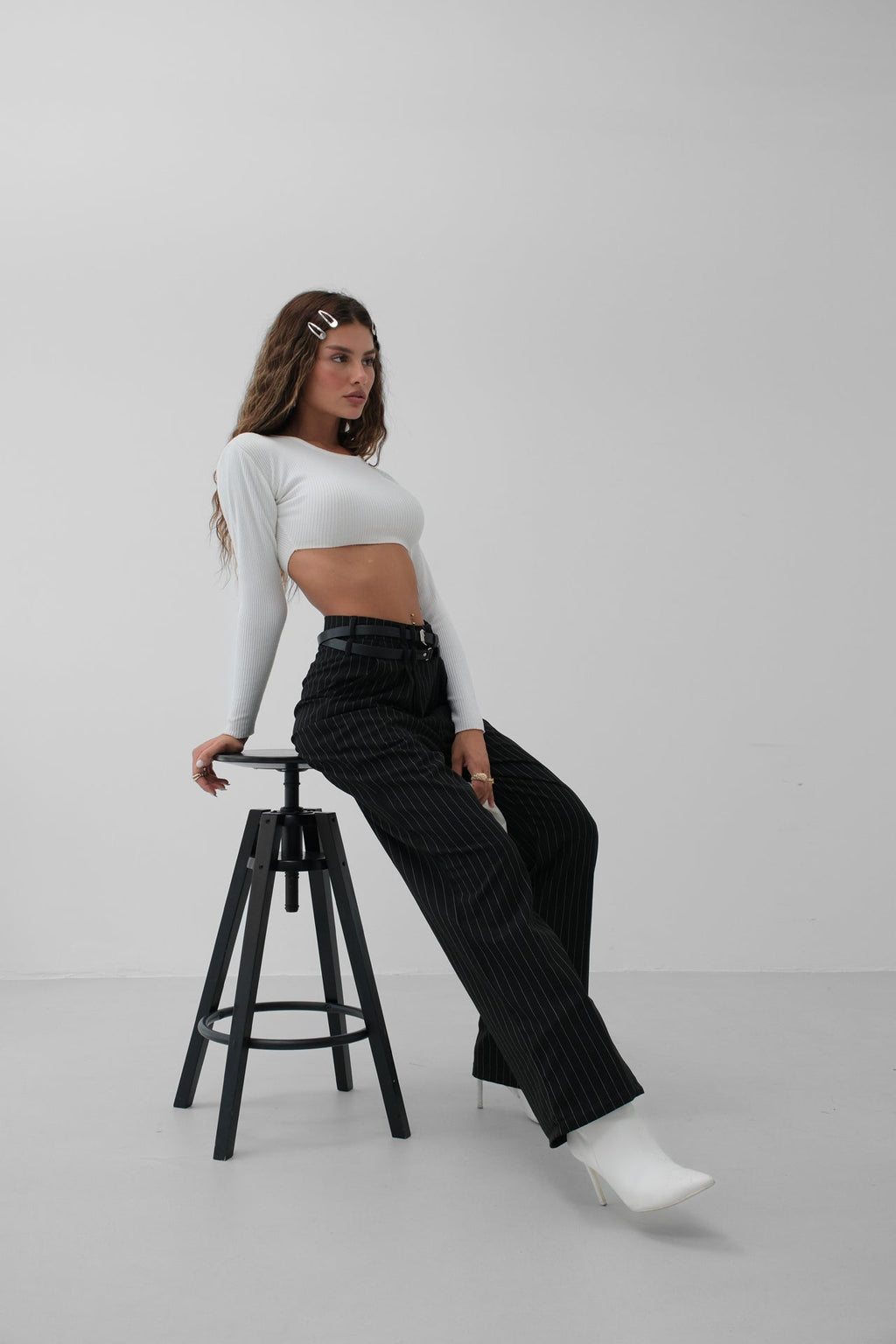 Belt Detail Black Casual Pants