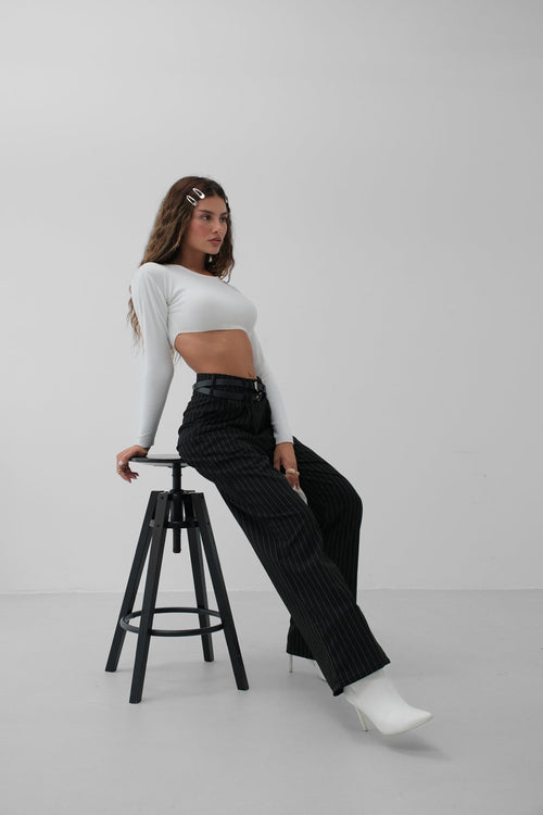Belt Detail Black Casual Pants