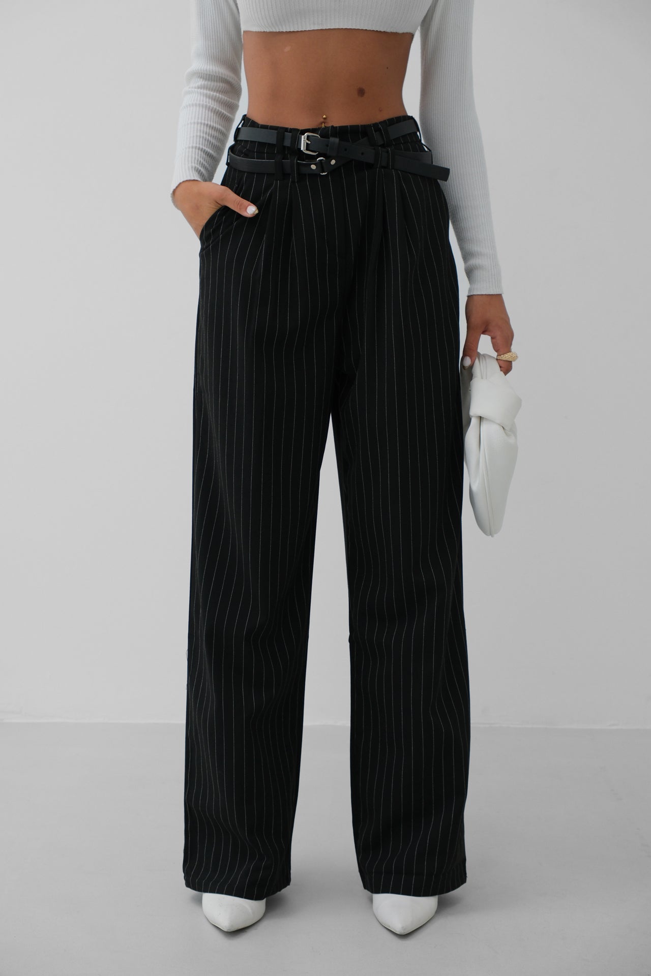 Belt Detail Black Casual Pants