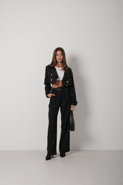 Belt Detail Black Crop Trench Coat