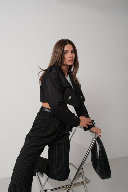 Belt Detail Black Crop Trench Coat