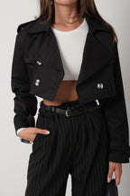 Belt Detail Black Crop Trench Coat