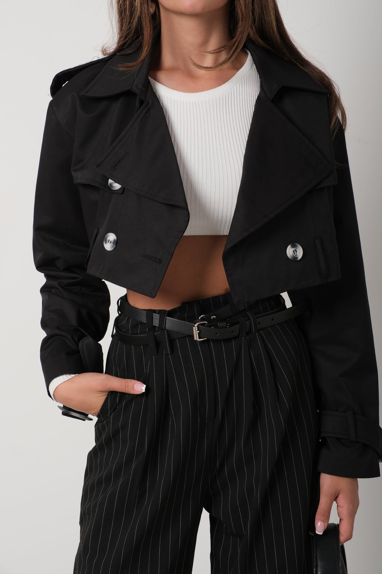 Belt Detail Black Crop Trench Coat