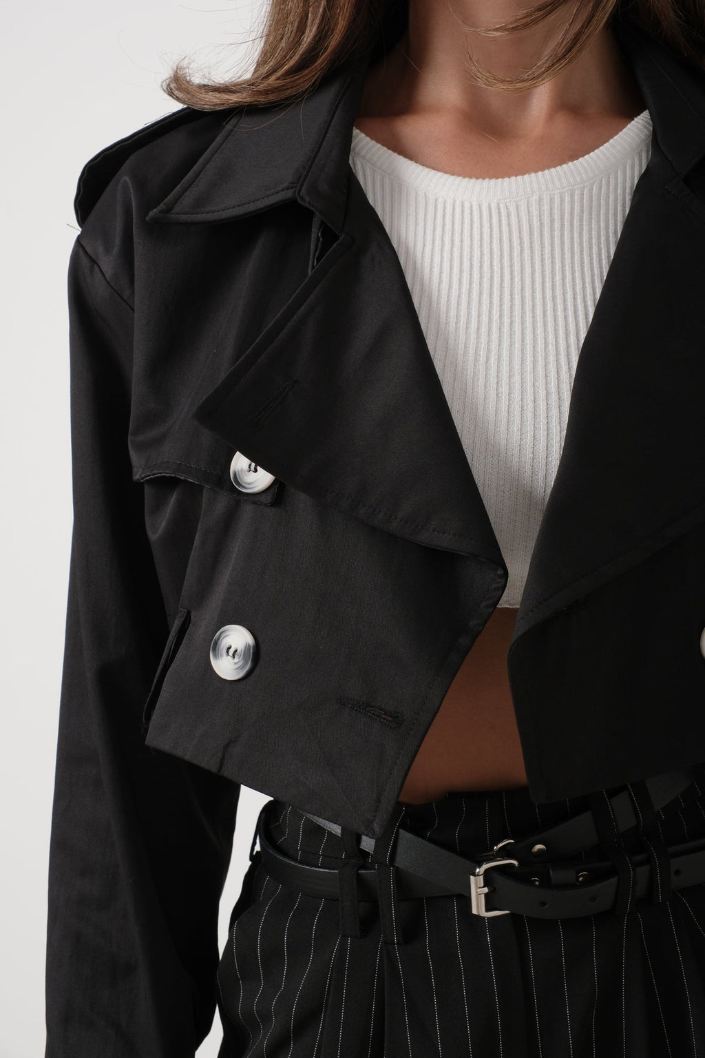 Belt Detail Black Crop Trench Coat