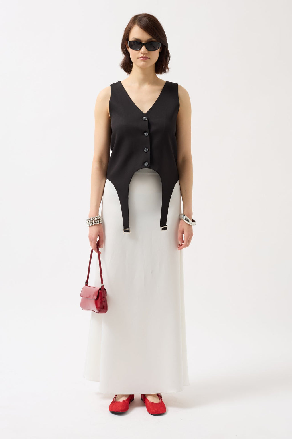 Waistt Detail V Neck Black Vest