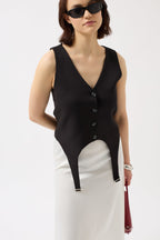Waistt Detail V Neck Black Vest