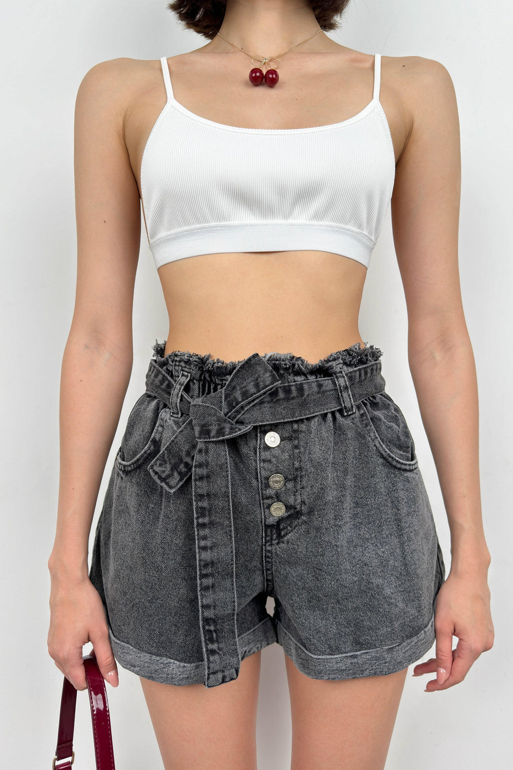 Waist Waist Ruched Gray Denim Shorts