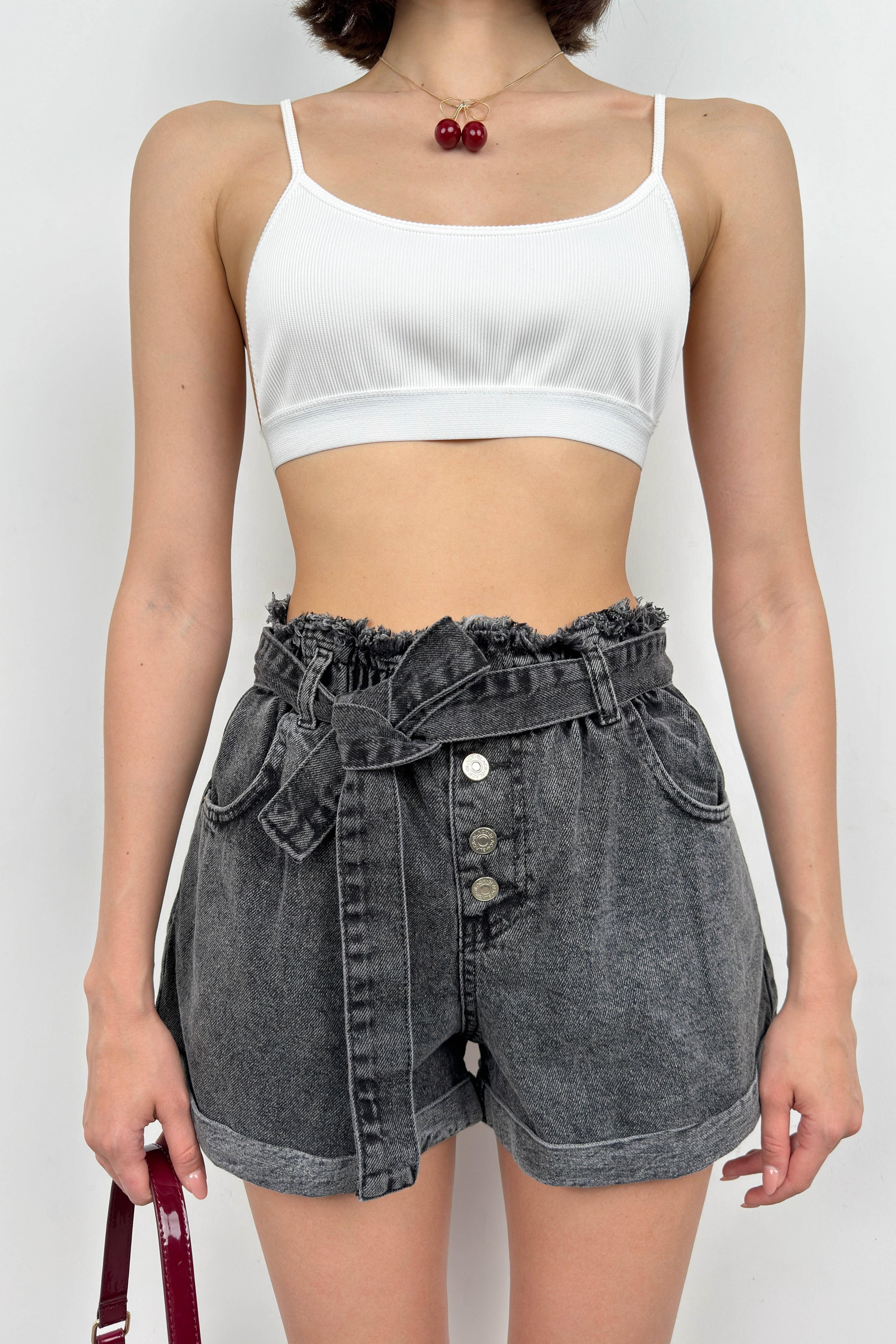 Waist Waist Ruched Gray Denim Shorts
