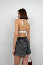 Waist Waist Ruched Gray Denim Shorts