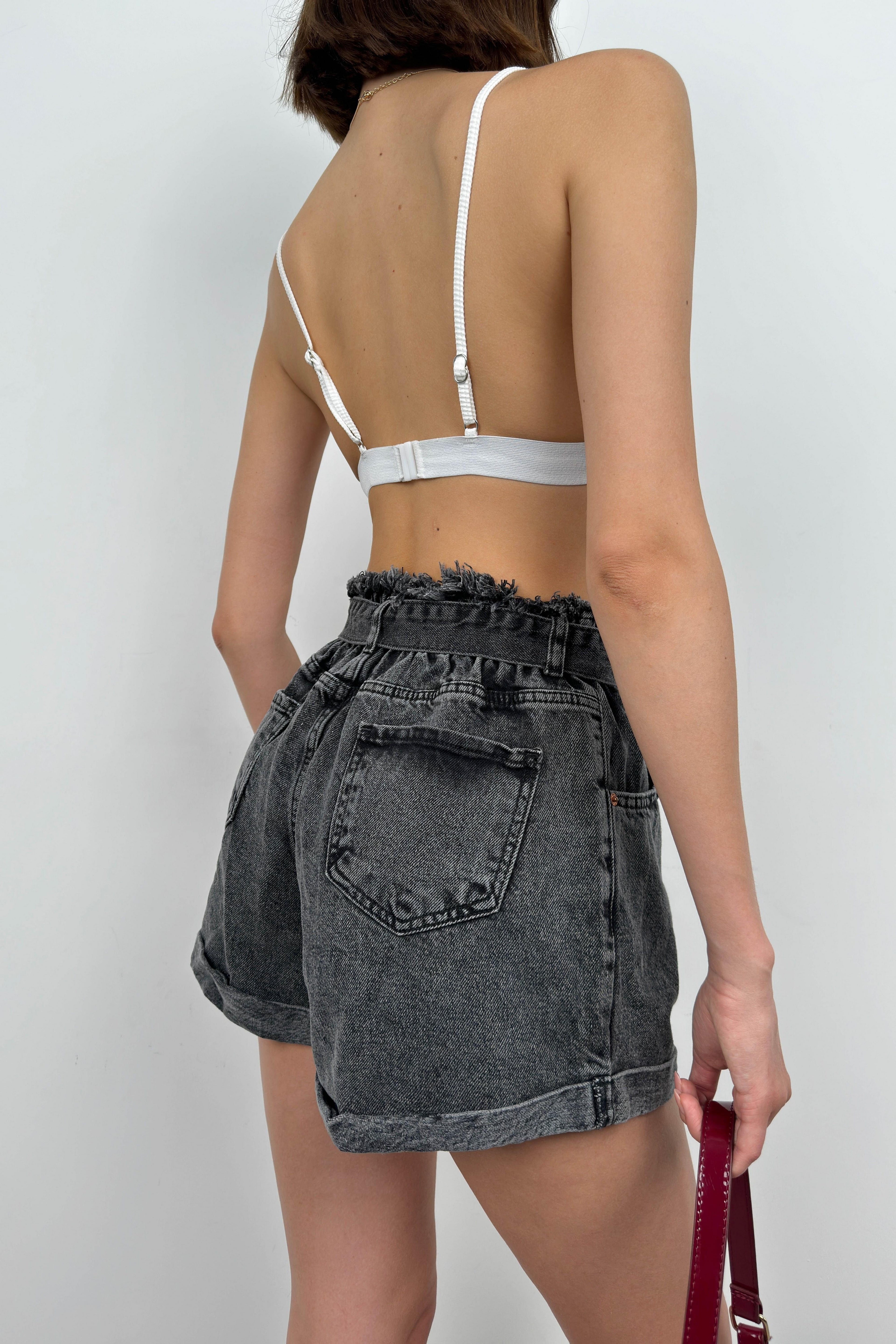 Waist Waist Ruched Gray Denim Shorts