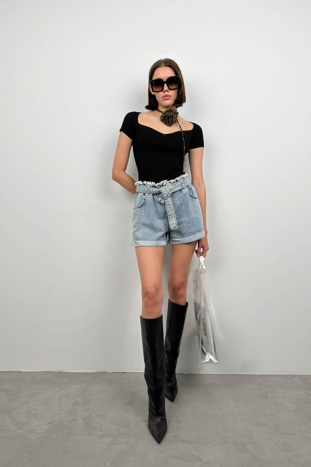 Waist Waist Ruched Light Blue Denim Shorts