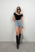 Waist Waist Ruched Light Blue Denim Shorts