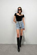 Waist Waist Ruched Light Blue Denim Shorts