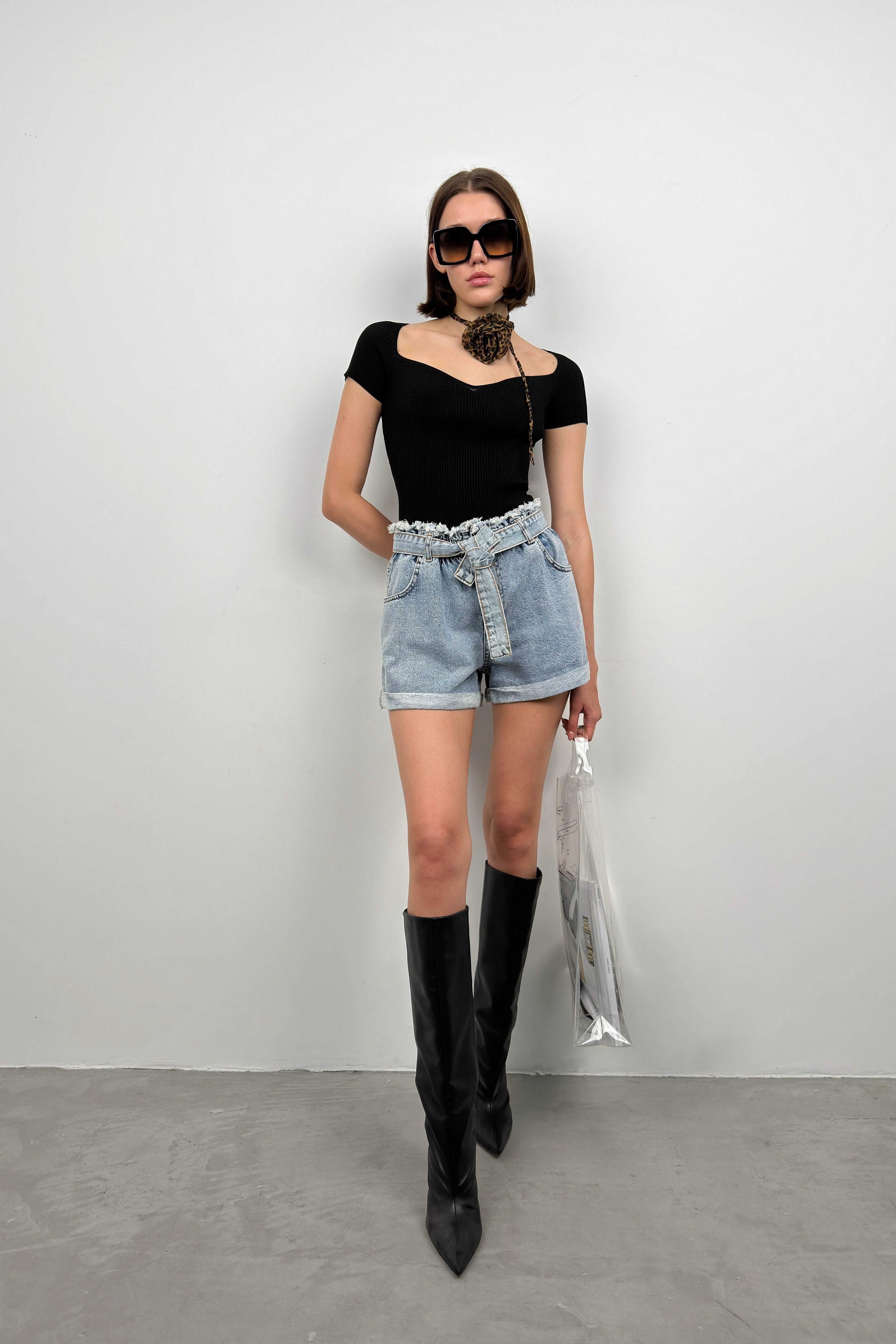 Waist Waist Ruched Light Blue Denim Shorts