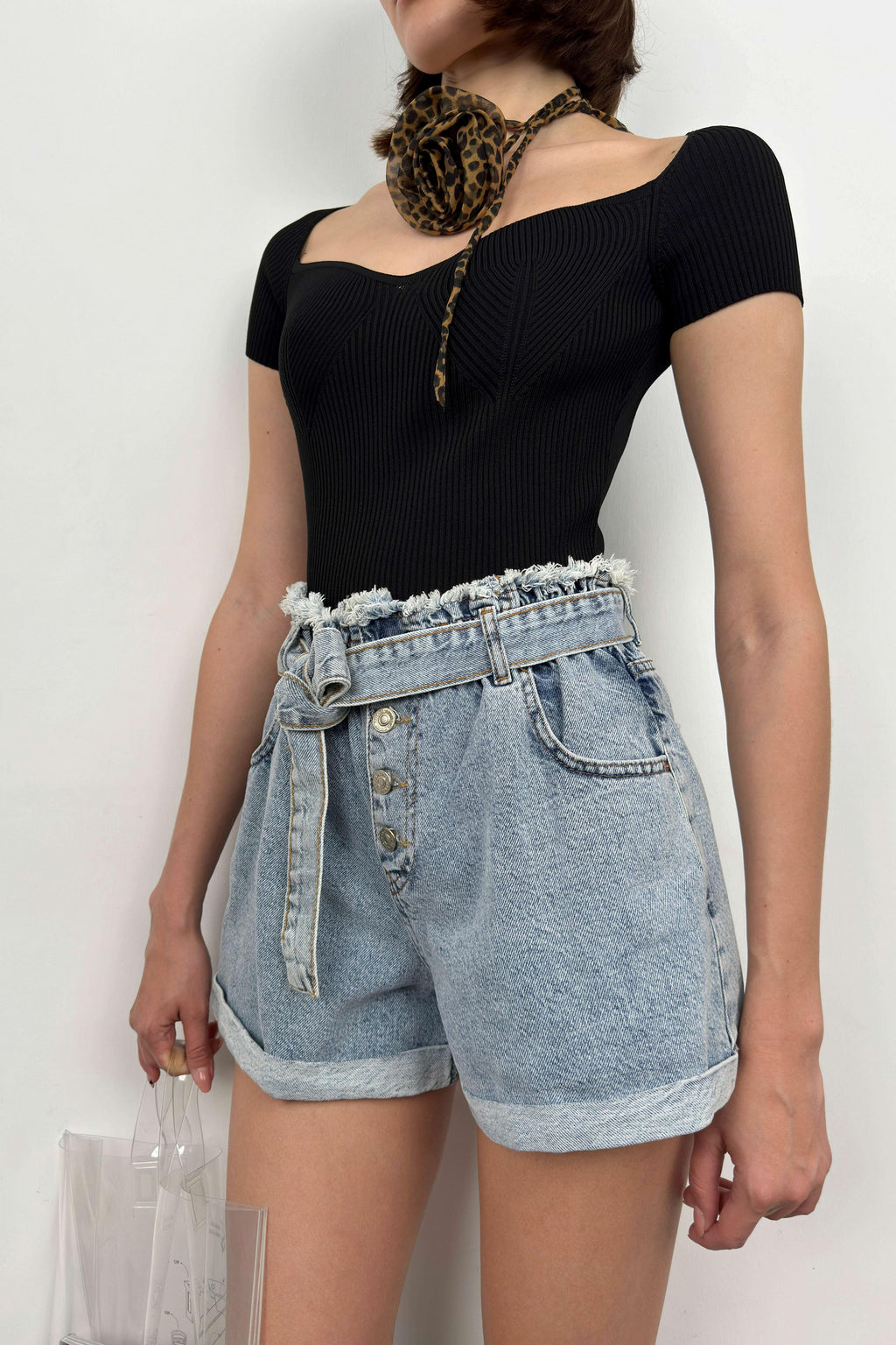 Waist Waist Ruched Light Blue Denim Shorts