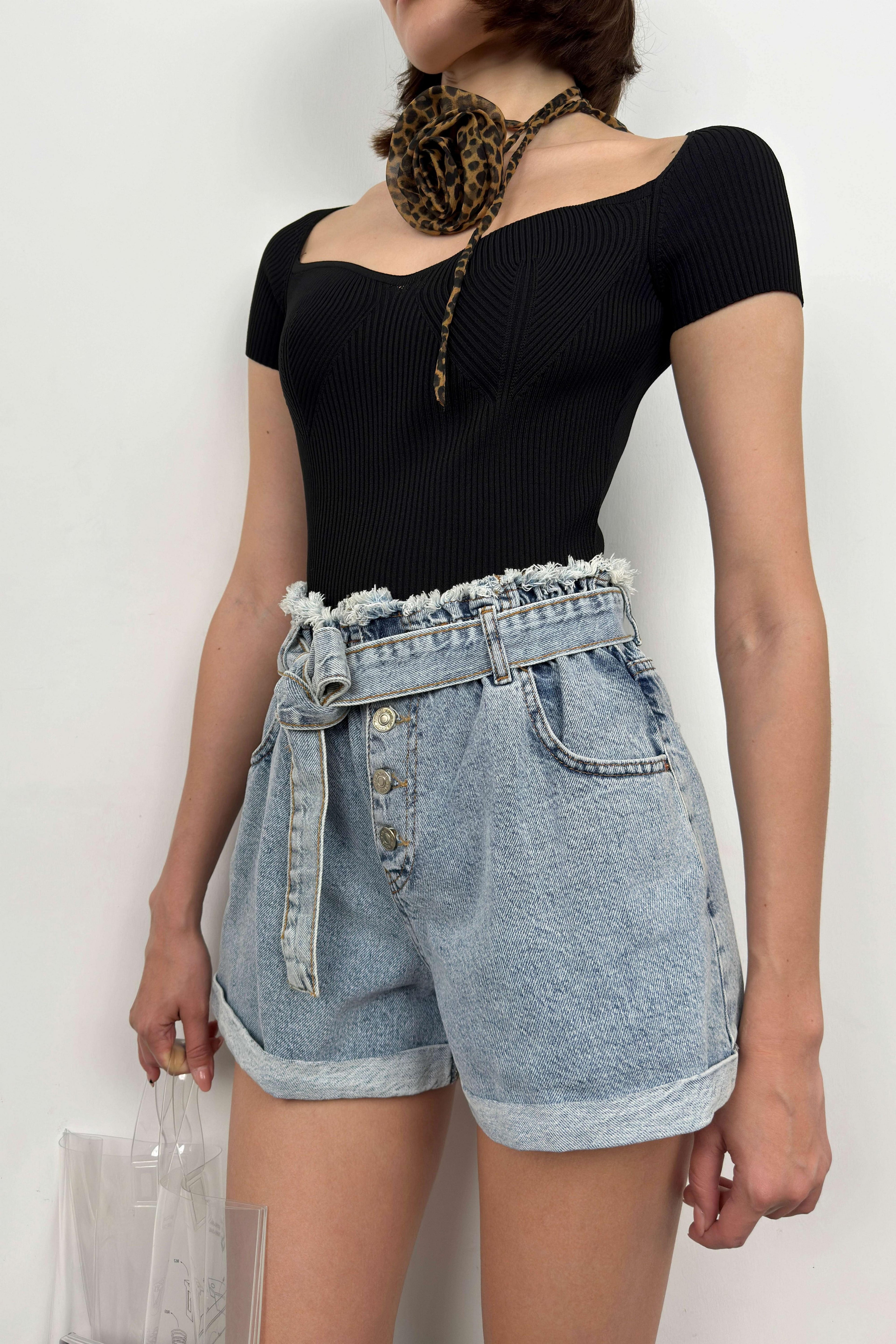 Waist Waist Ruched Light Blue Denim Shorts