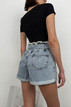 Waist Waist Ruched Light Blue Denim Shorts