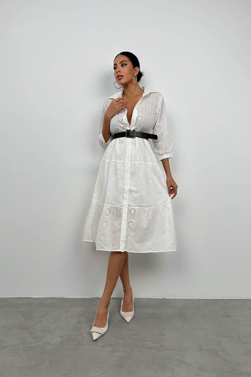 Belted Broderie White Shirt Dress