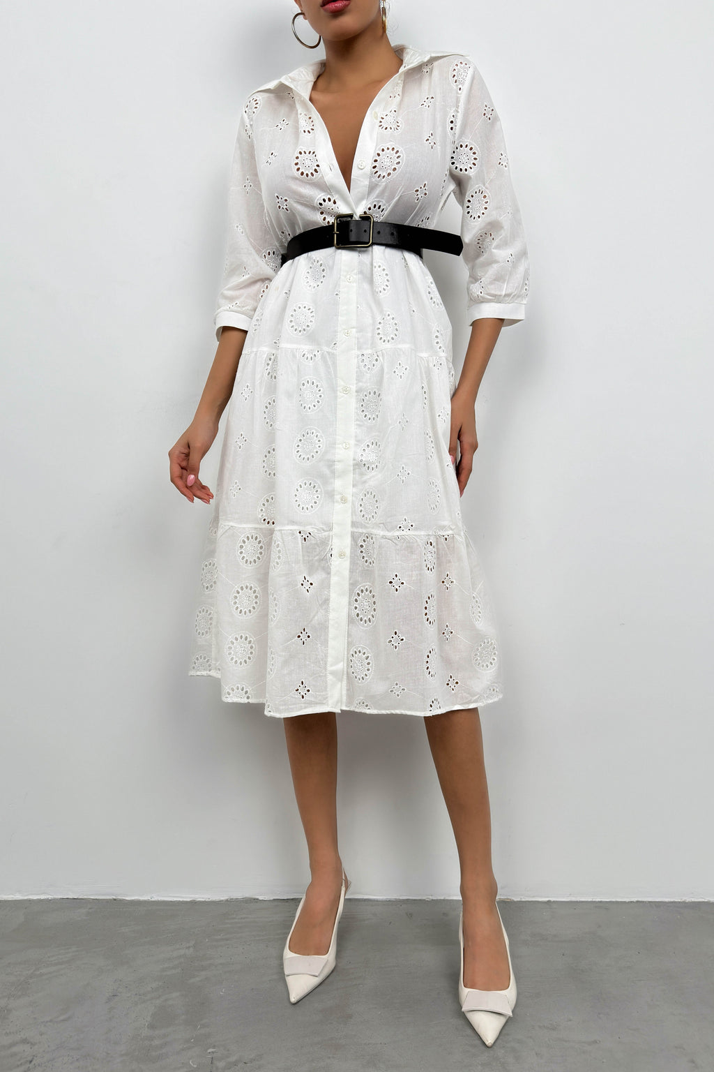 Belted Broderie White Shirt Dress