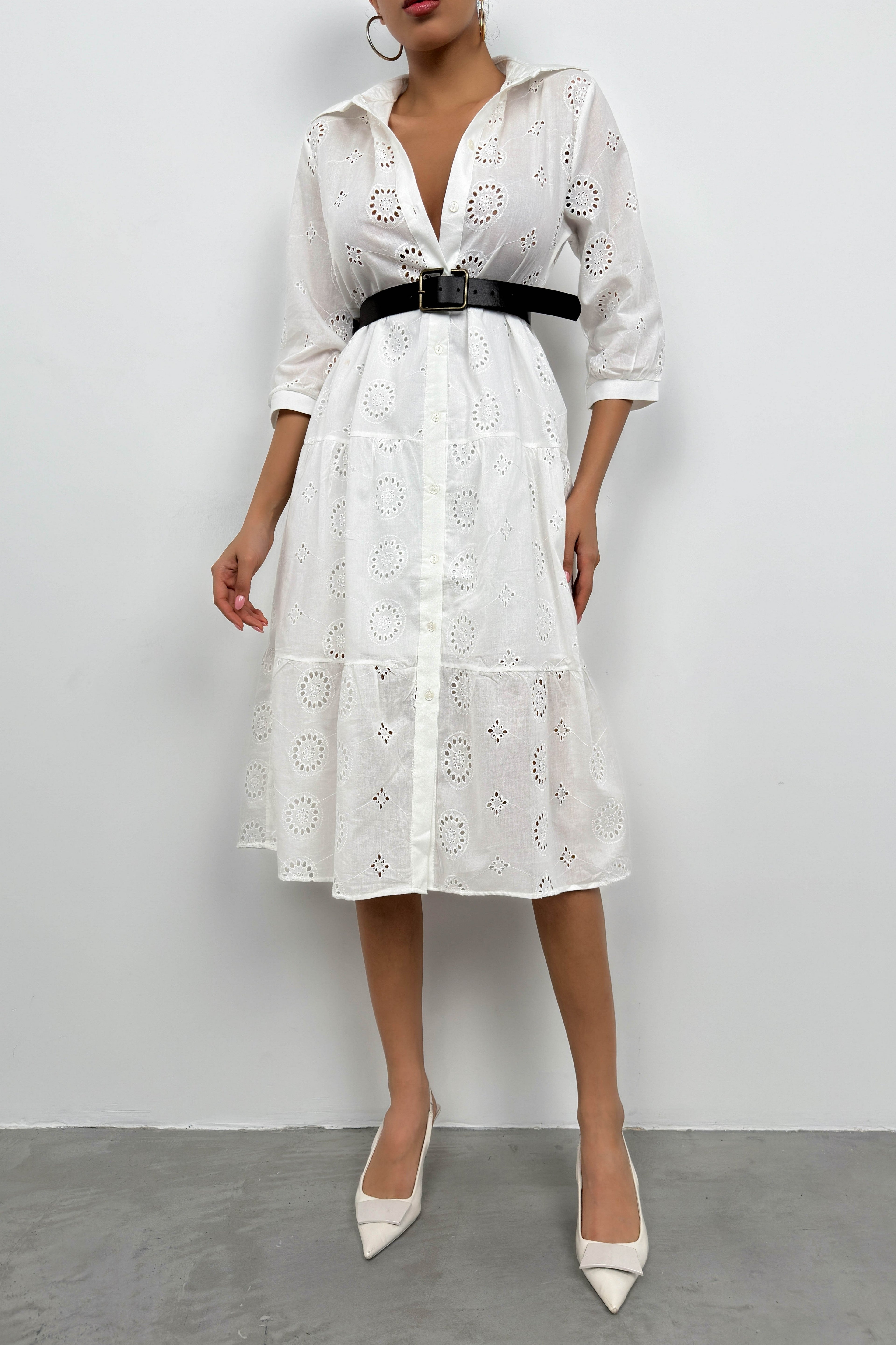 Belted Broderie White Shirt Dress