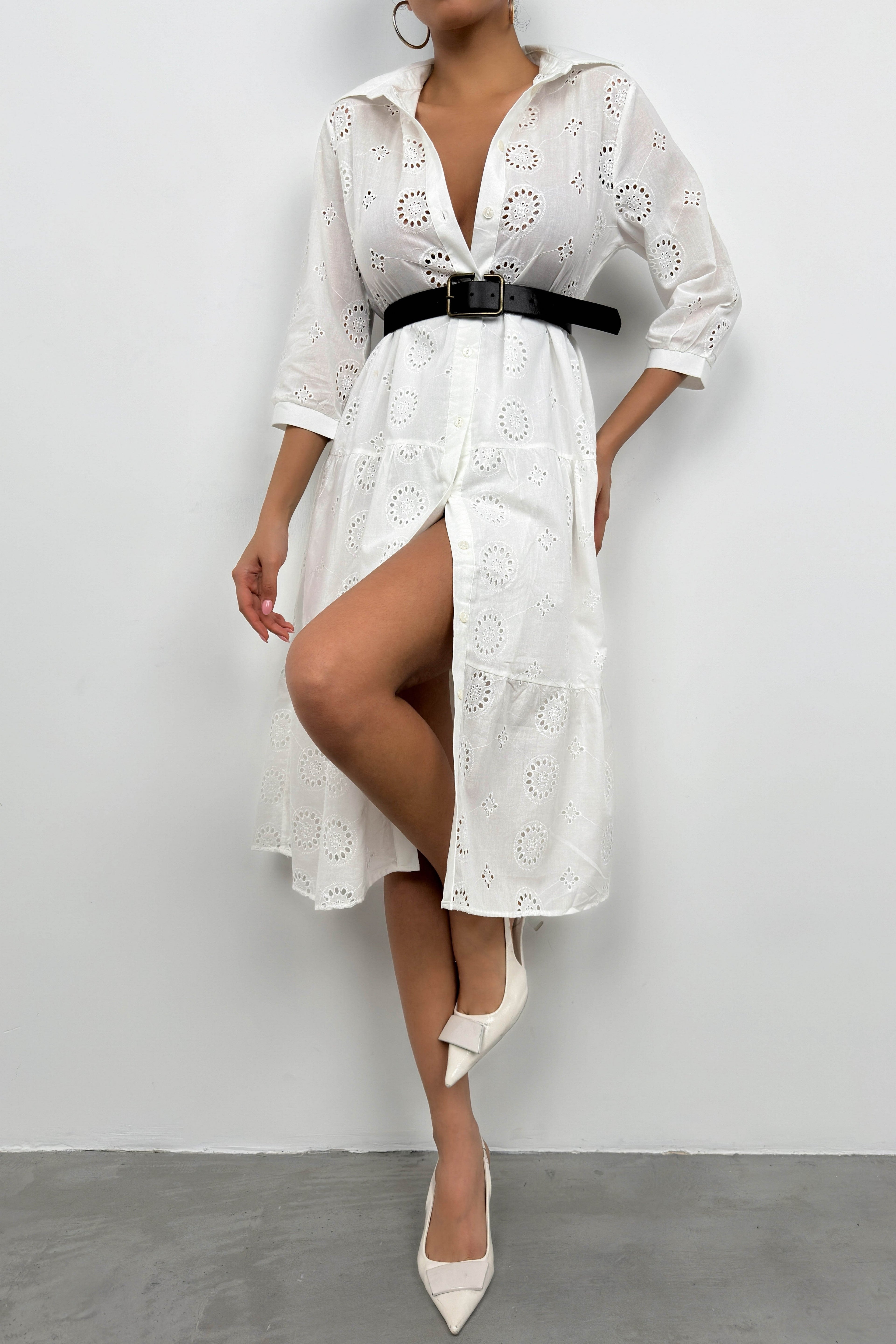 Belted Broderie White Shirt Dress