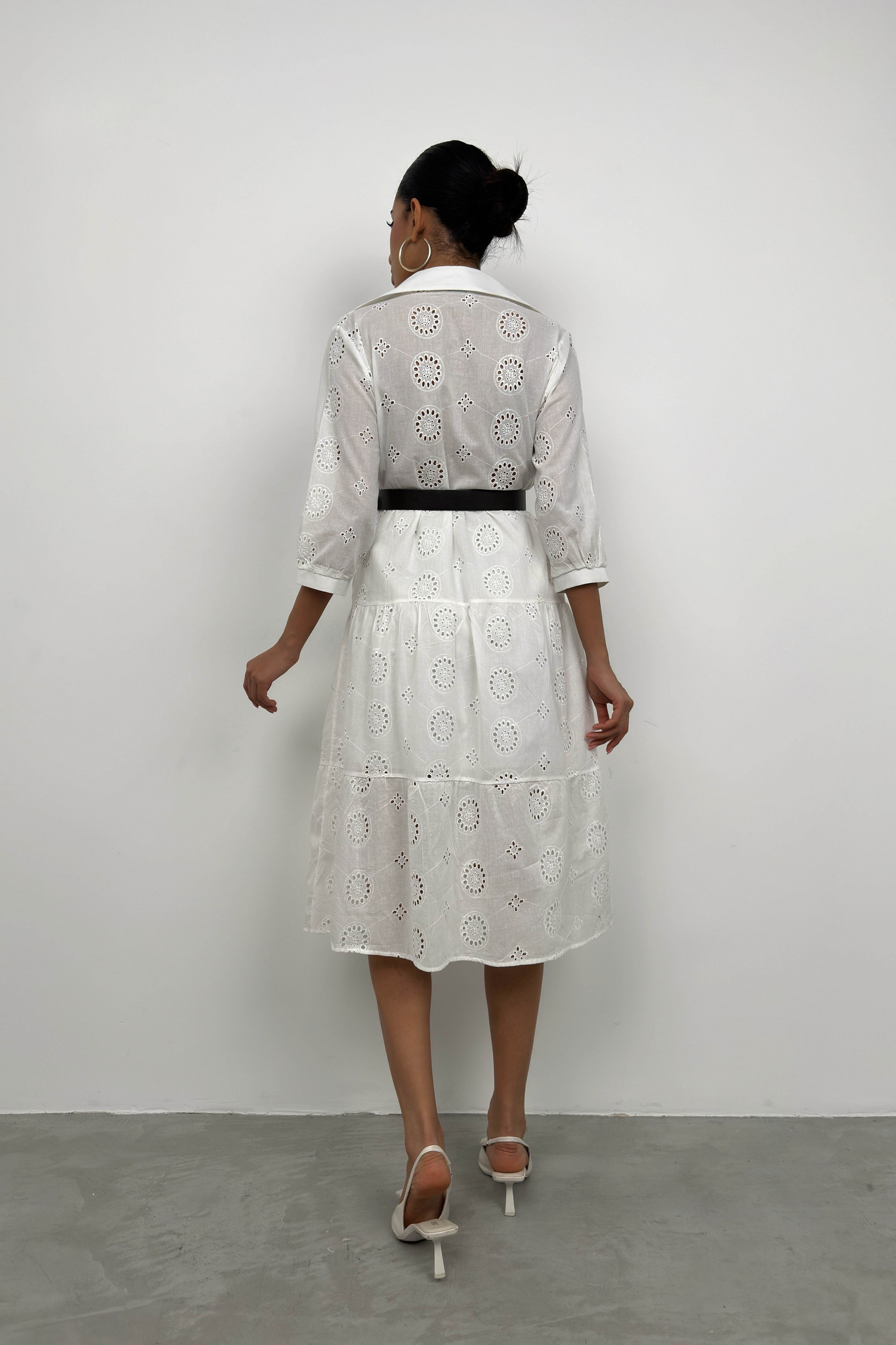 Belted Broderie White Shirt Dress