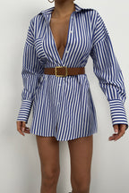 Waistted Striped Blue White Shirt Dress