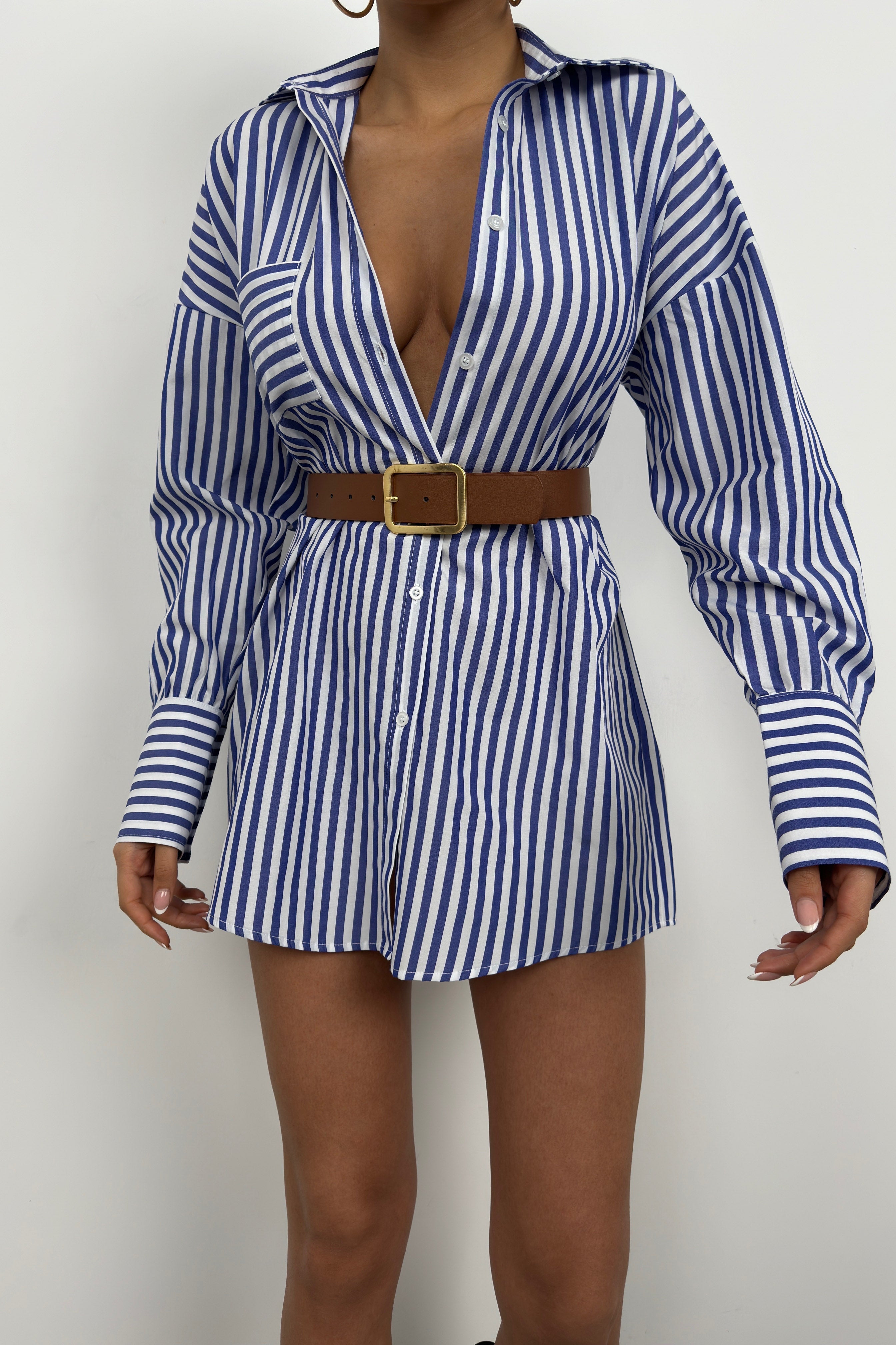 Waistted Striped Blue White Shirt Dress