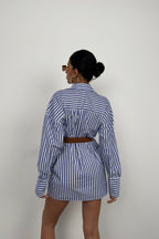 Waistted Striped Blue White Shirt Dress