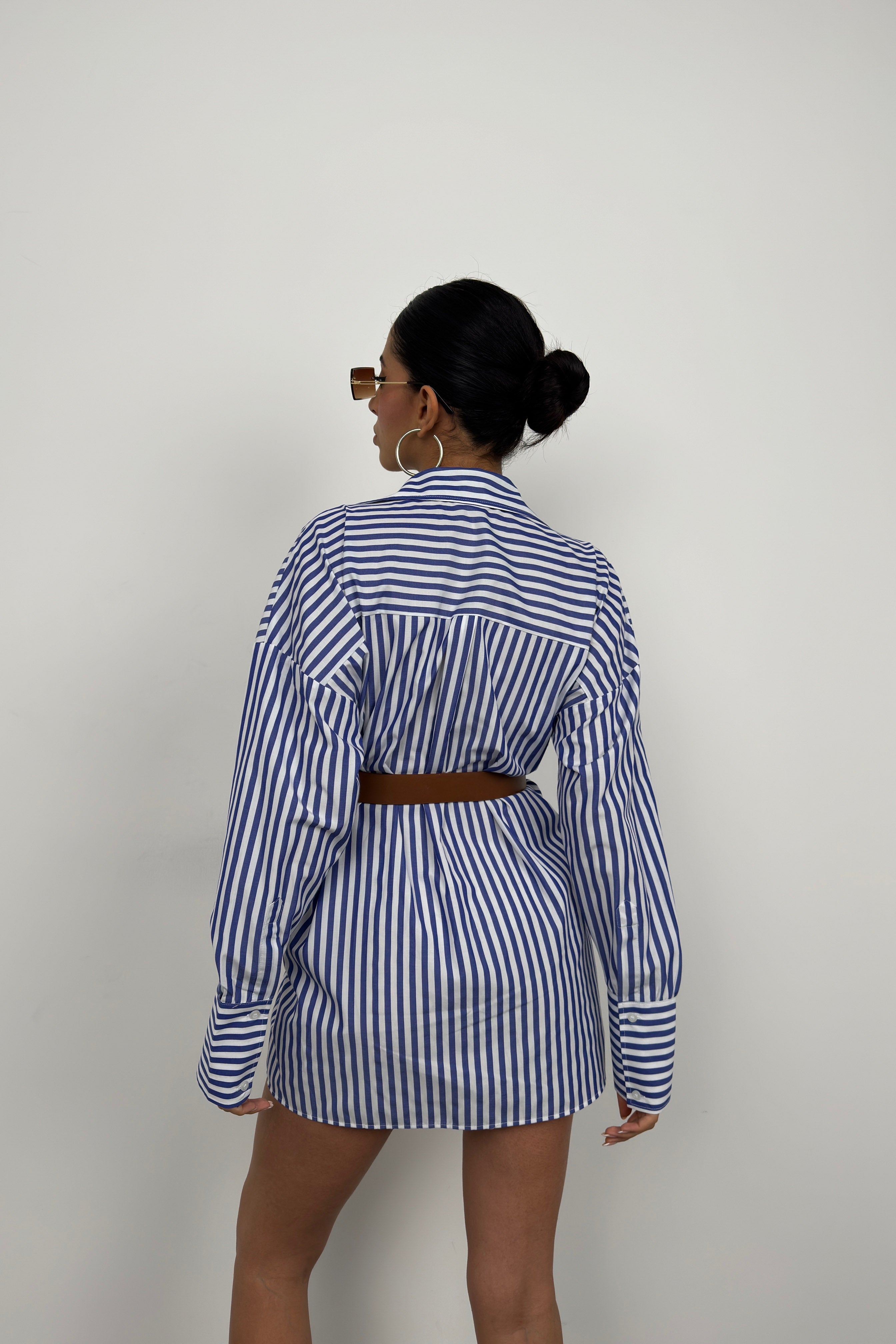 Waistted Striped Blue White Shirt Dress