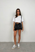 Belted Pleated Gray Mini Denim Skirt