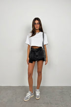 Belted Pleated Gray Mini Denim Skirt