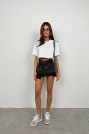 Belted Pleated Gray Mini Denim Skirt