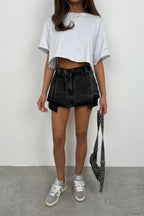 Belted Pleated Gray Mini Denim Skirt