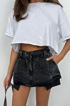 Belted Pleated Gray Mini Denim Skirt