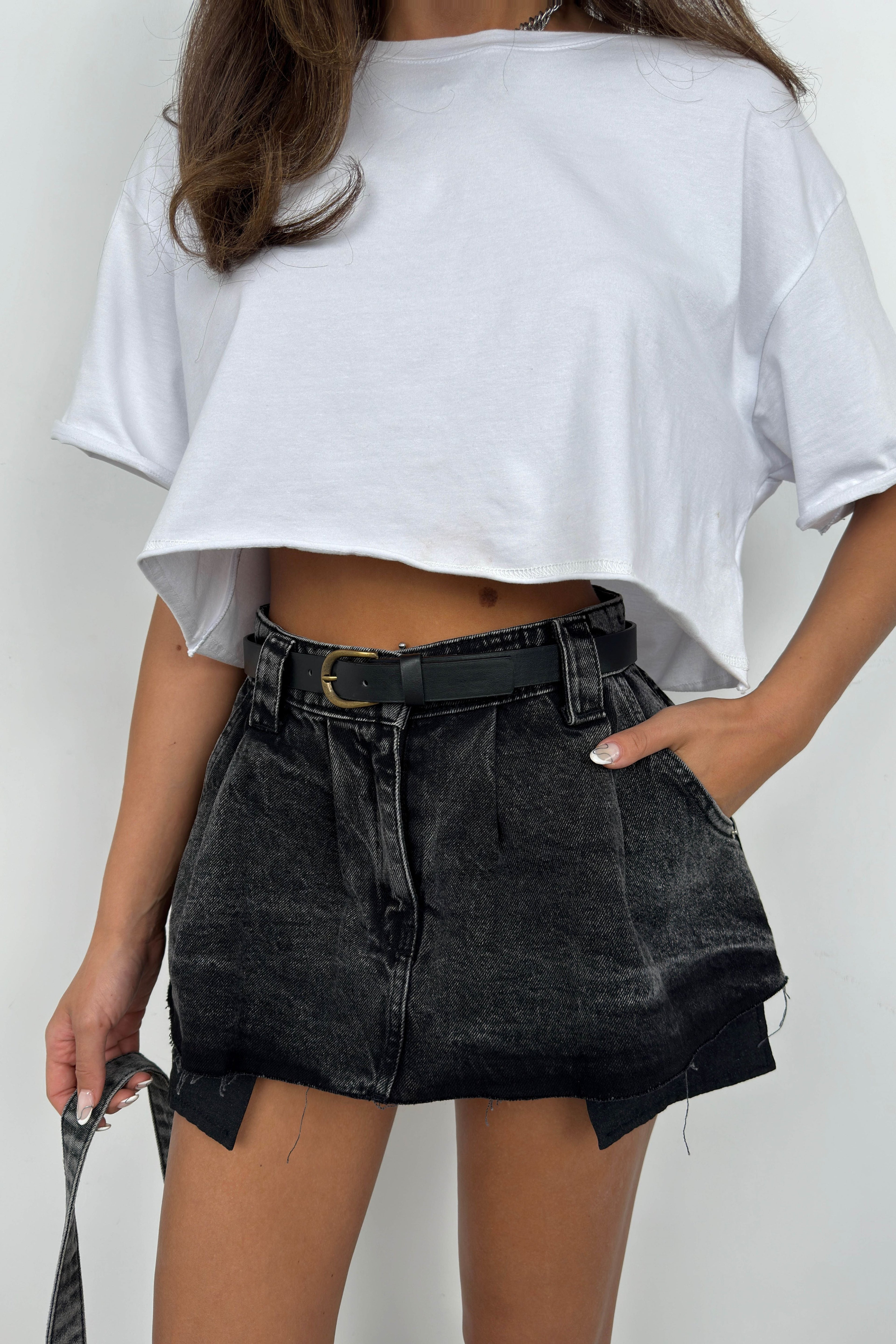 Belted Pleated Gray Mini Denim Skirt