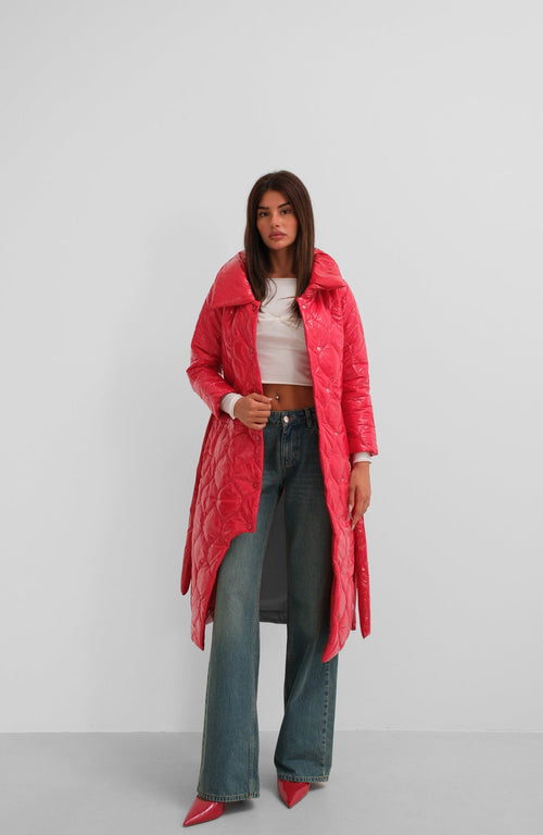 Belted Patent Puffer Red Maxi Coat