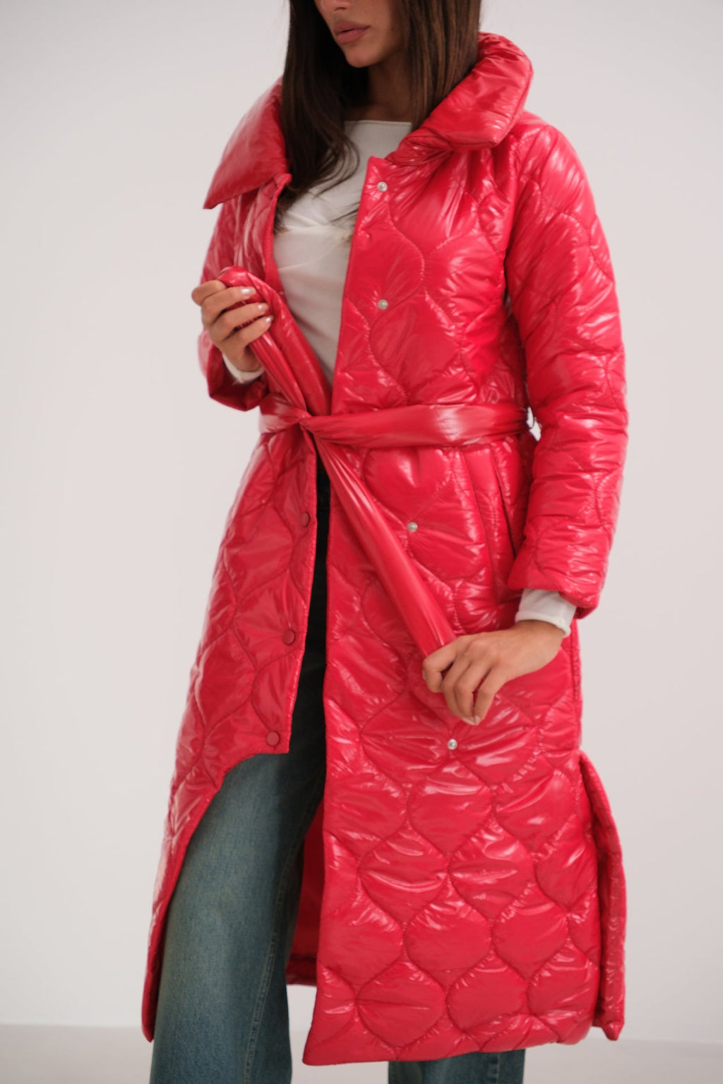 Belted Patent Puffer Red Maxi Coat