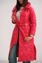 Belted Patent Puffer Red Maxi Coat