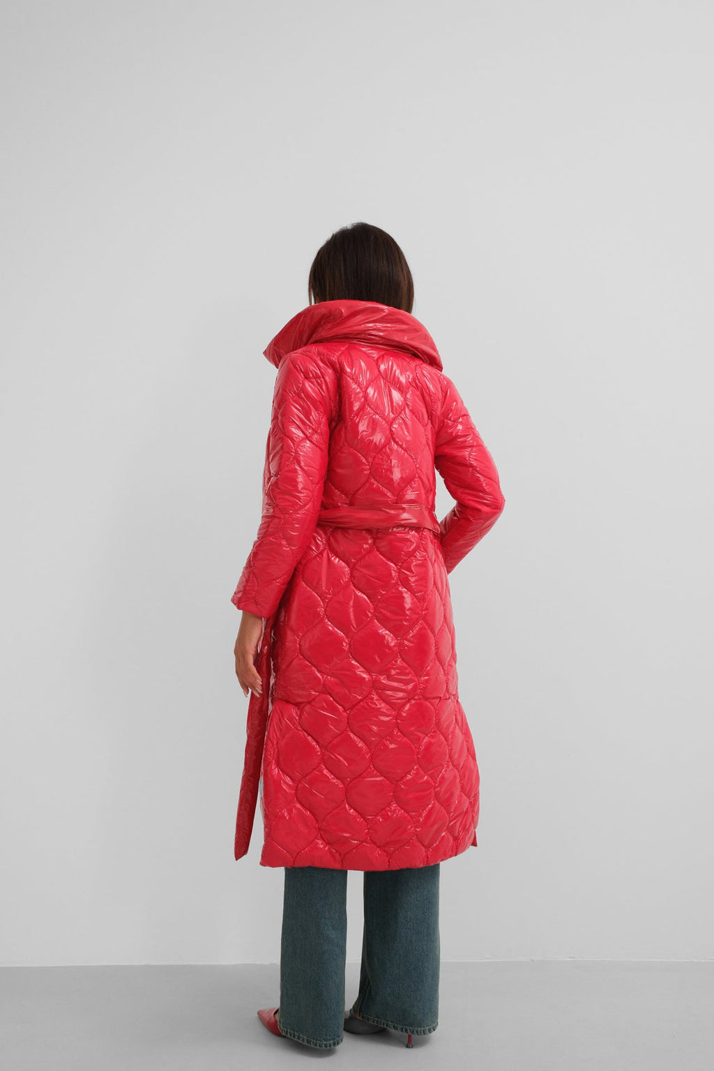 Belted Patent Puffer Red Maxi Coat