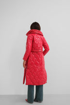 Belted Patent Puffer Red Maxi Coat