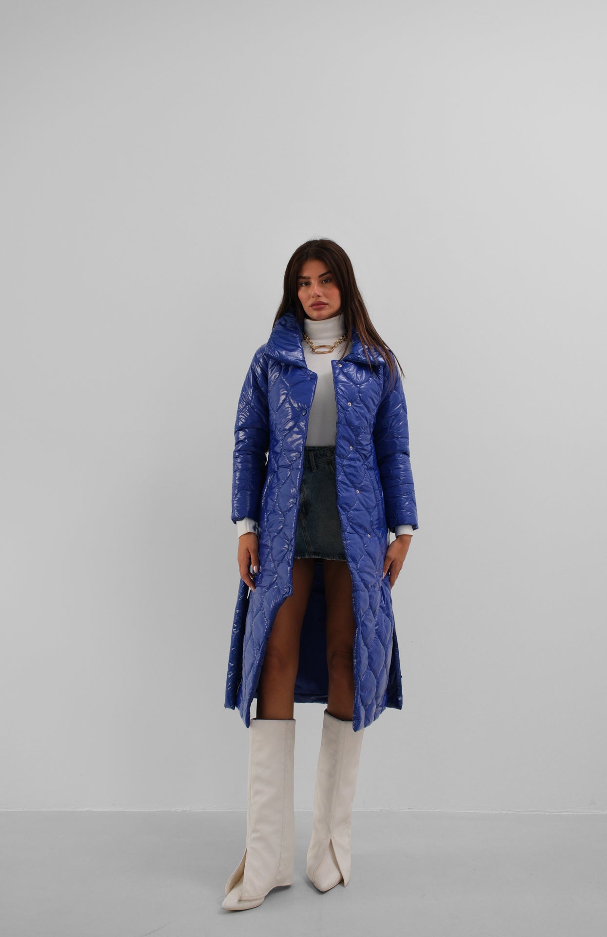 Belted Patent Puffer Sax Blue Maxi Coat