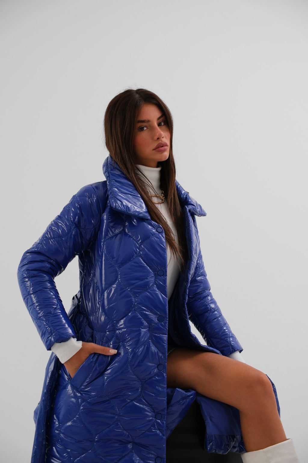 Belted Patent Puffer Sax Blue Maxi Coat