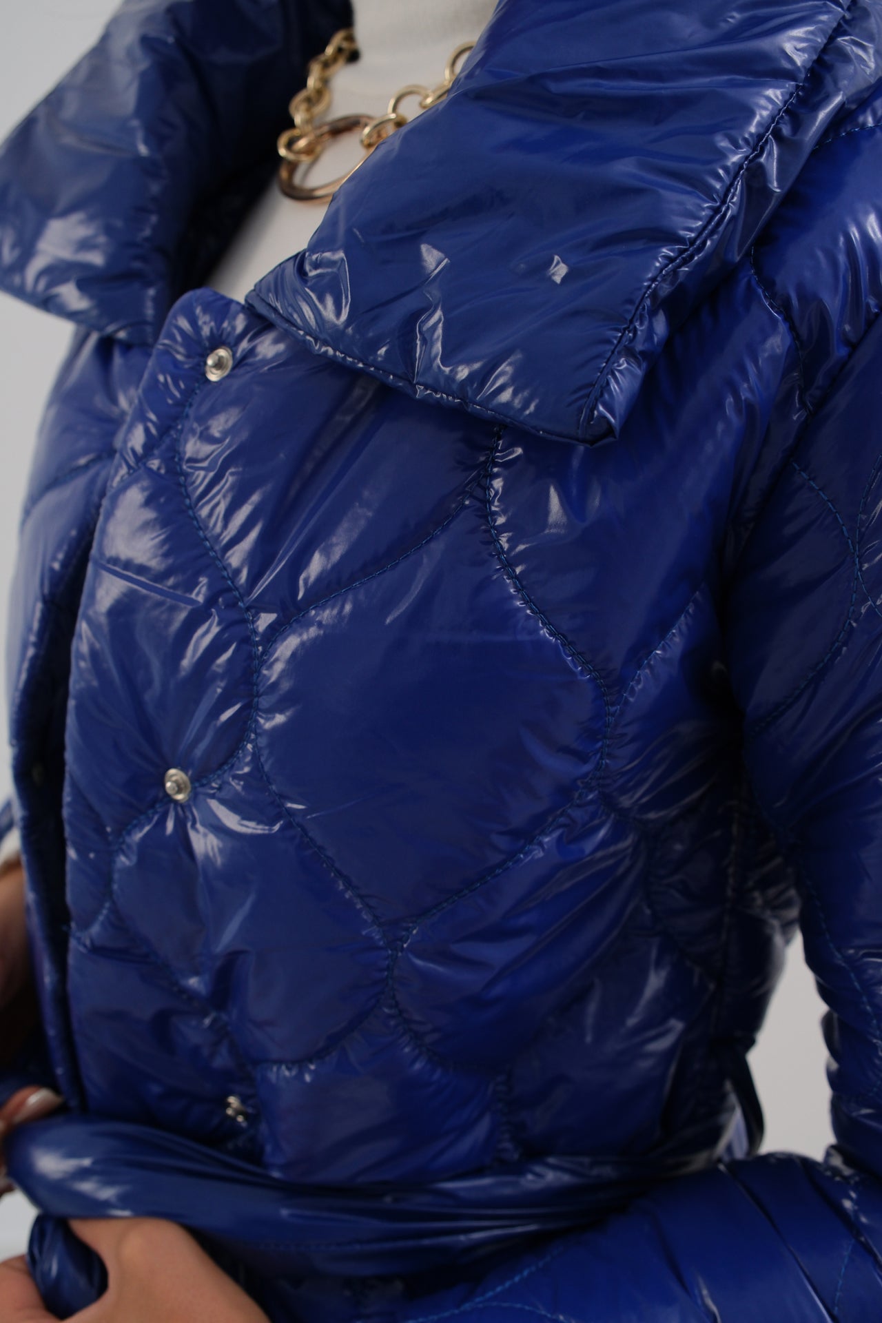 Belted Patent Puffer Sax Blue Maxi Coat