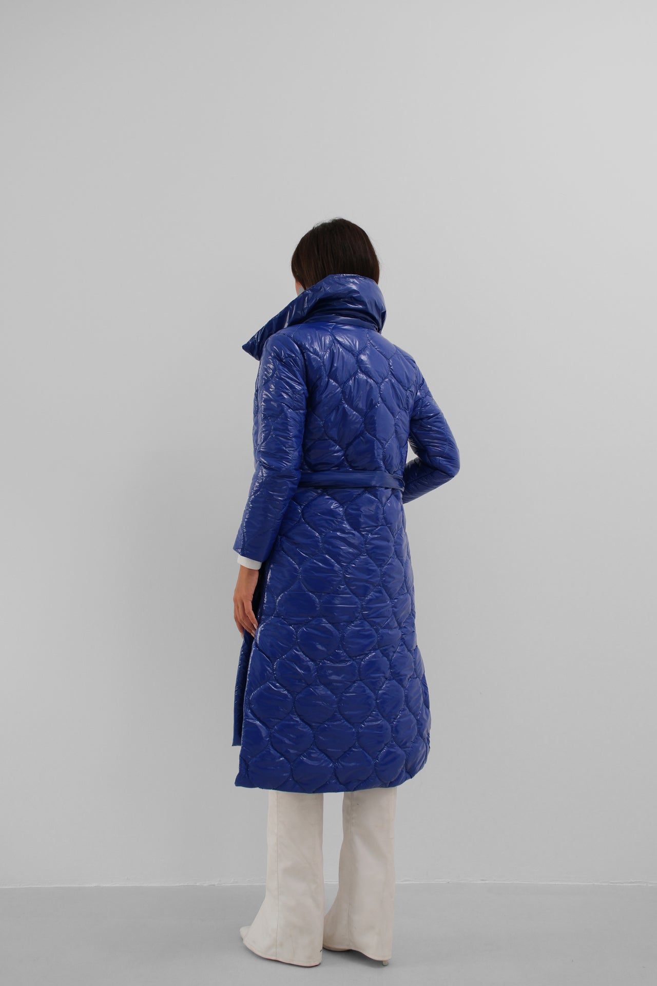 Belted Patent Puffer Sax Blue Maxi Coat