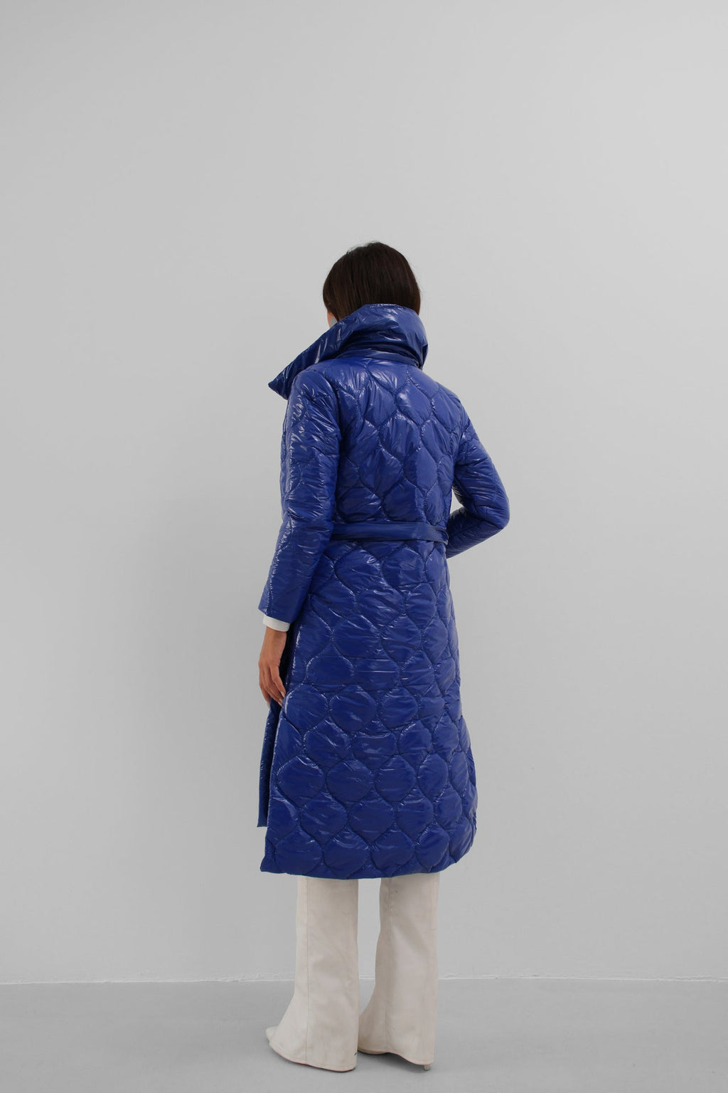 Belted Patent Puffer Sax Blue Maxi Coat