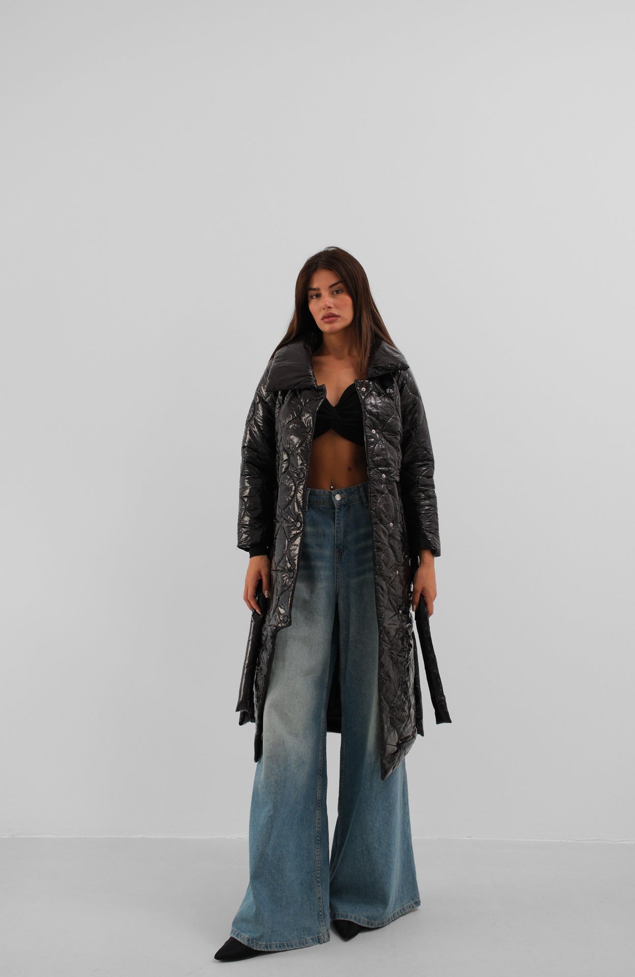 Belted Patent Black Puffer Maxi Coat